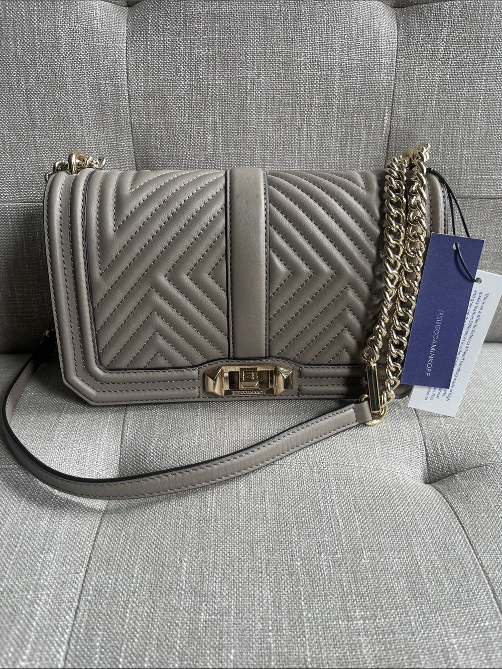 Rebecca Minkoff GEO Quilted Taupe "LOVE" Crossbody with Gold Chain-NWT